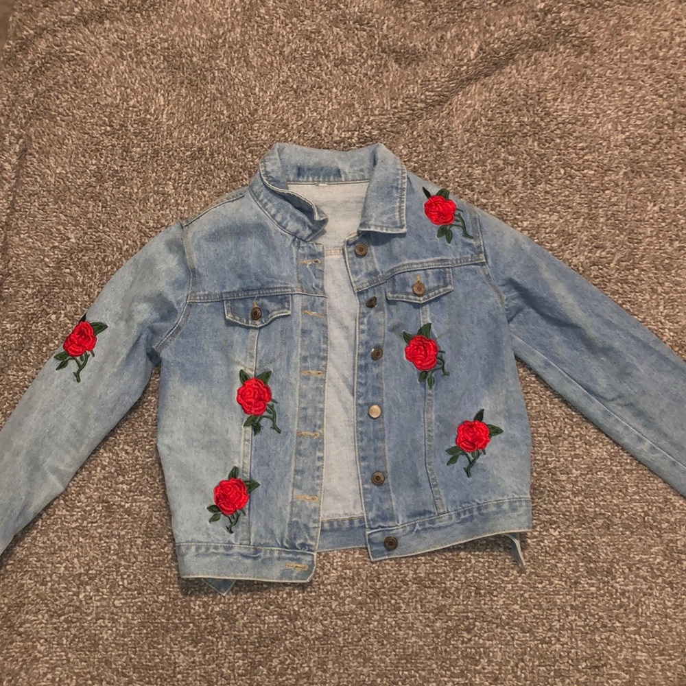 SHEIN limited edition embroidered rose jean jacket